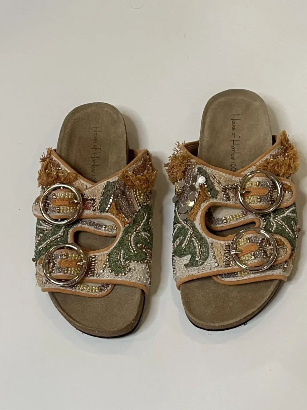 House of Harlow Beaded Slide Sandals Sz 6 Boho Embellished Festival Lux